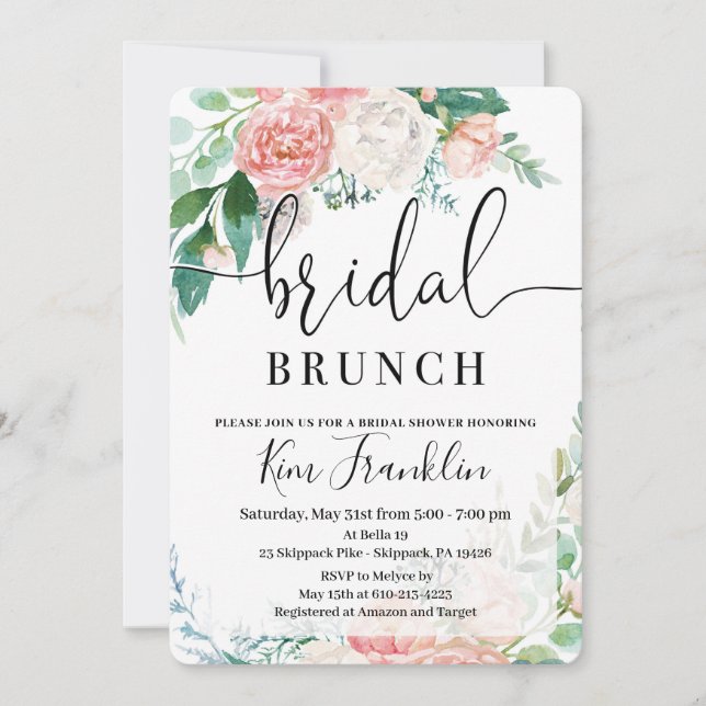 Blush Bloral Bridal Brunch Dusche Einladungen (Vorderseite)