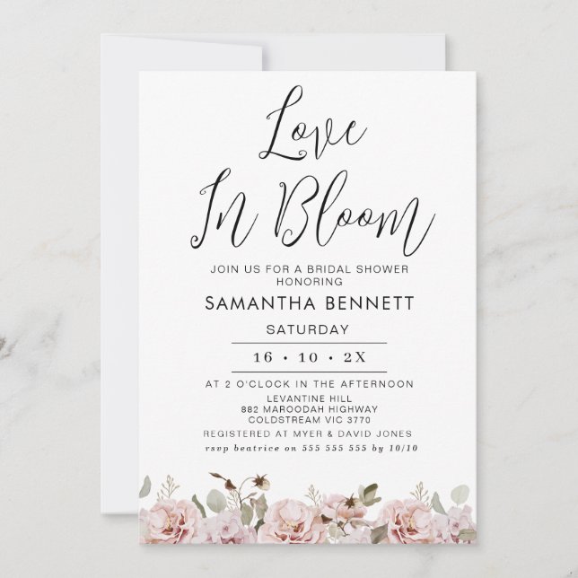 Blush Bloral Eukalyptus Liebe Brautparty Einladung (Vorderseite)
