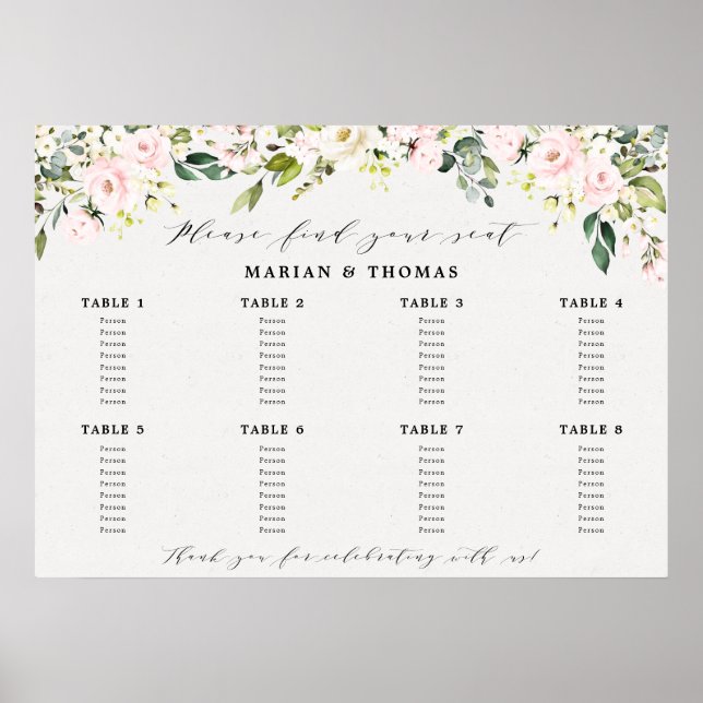 Blush Bloral Eukalyptus Seating Chart Hochzeitszei Poster (Vorne)