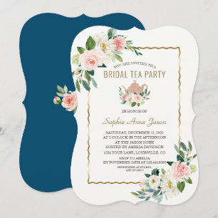 Blush Bloral Gold Navy Brautparty Einladung