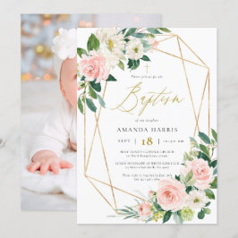 Blush Bloral & Gold Rahmen Foto Taufe Einladung