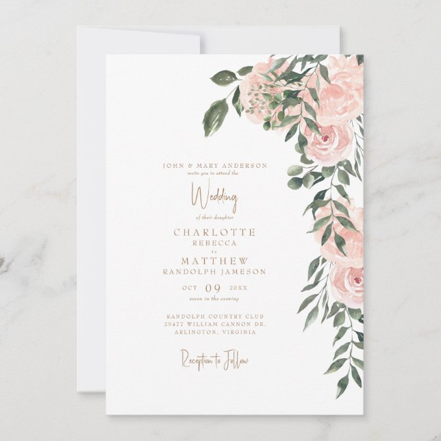 Blush Bloral Gold Text White Wedding Einladung (Vorderseite)