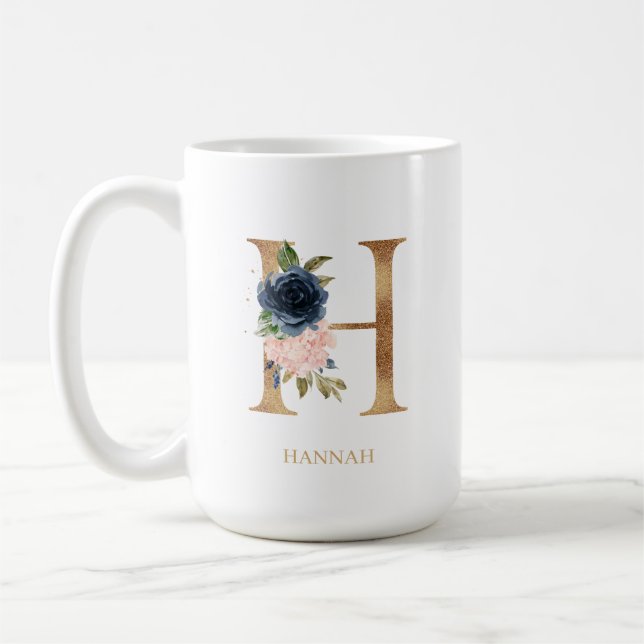 Blush Bloral Monogram Letter "H" Personalisiert Kaffeetasse (Links)