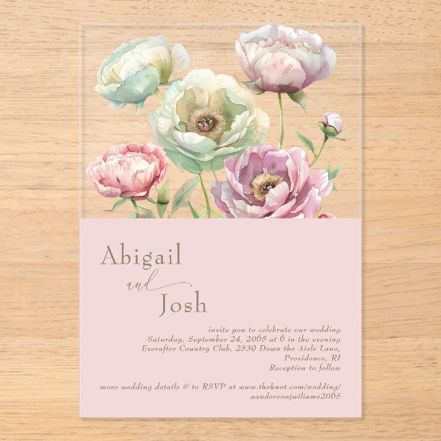 Blush Bloral Peonies Akryllische Einladung (Vorderseite)