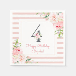 Blush Bloral Pink Streifen 4. Geburtstags-Party Serviette