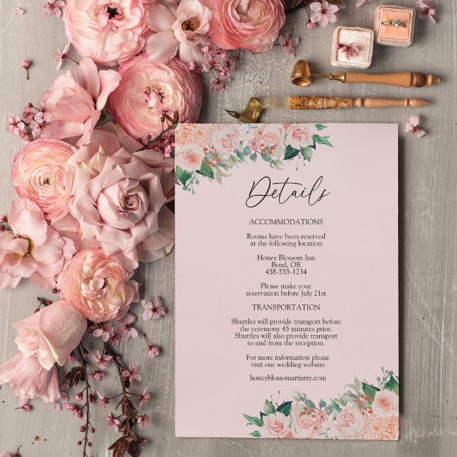 Blush Bloral Simple Pink Wedding Details Begleitkarte (Von Creator hochgeladen)