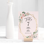 Blush Bloral Simple Pink Wedding Tischnummer<br><div class="desc">Dieses blumenschlichte, rosafarbene Hochzeitsdesign besticht durch seine elegante klassische Tischnummer in Pastellrosa und Marineblau mit schlichter moderner Typografie und eleganter Kalligraphie, die für jeden Veranstaltungsstil einen raffinierten Ton bietet. Jedes Produkt ist mit wunderschönen, rosa Rosen mit üppigen Rosen und pfirsichfarbenen und elfenbeinigen Hydrangeas, die mit üppigen Eukalyptus- und grünen Blattdetails,...</div>