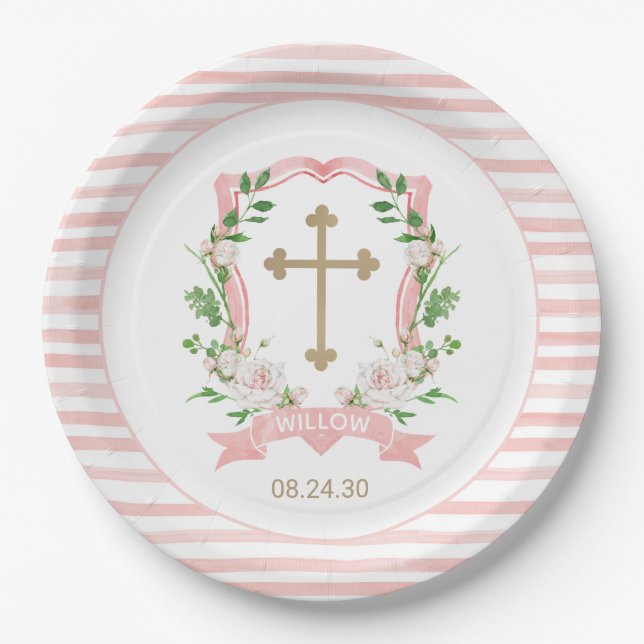 Blush Bloral Taufen Pappteller (Vorderseite)