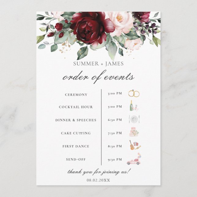 Blush Bloral Wedding Order of Event Programm (Vorderseite)