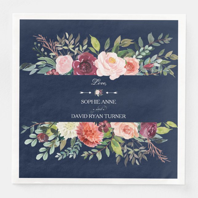 Blush Bloral Wreath Navy Blue Wedding Serviette (Vorderseite)