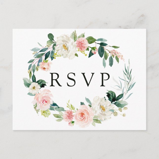 Blush Bloral Wreath Wedding RSVP Postcard Einladungspostkarte (Vorderseite)