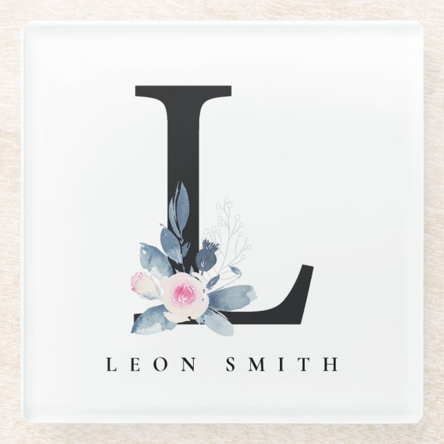BLUSH BLUE BLUE FLORAL ALPHABETS NAME LETTER L GLASUNTERSETZER (Vorderseite)