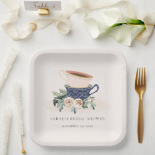 Blush Blue Cups Blumenkohl Brautparty Tee Party Pappteller