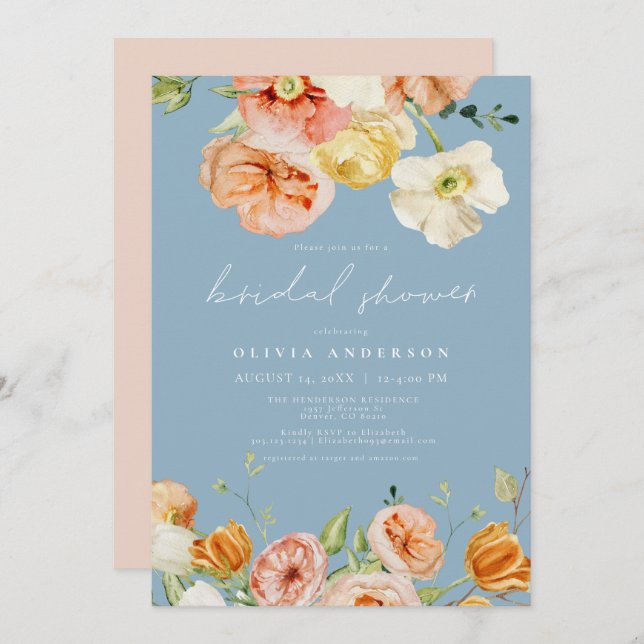 Blush & Blue Elegantes Frühlingsflora Brautparty Einladung (Vorne/Hinten)