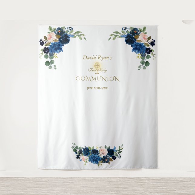 Blush Blue Flora Holy Communy Foto Stand Prop Wandteppich (Vorderseite)