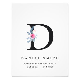 BLUSH BLUE FLORAL ALPHABET NAME D BABY GEBURTSTATT FOTODRUCK