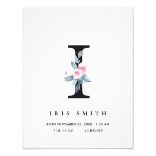 BLUSH BLUE FLORAL ALPHABET NAME I BABY GEBURTSTATT FOTODRUCK