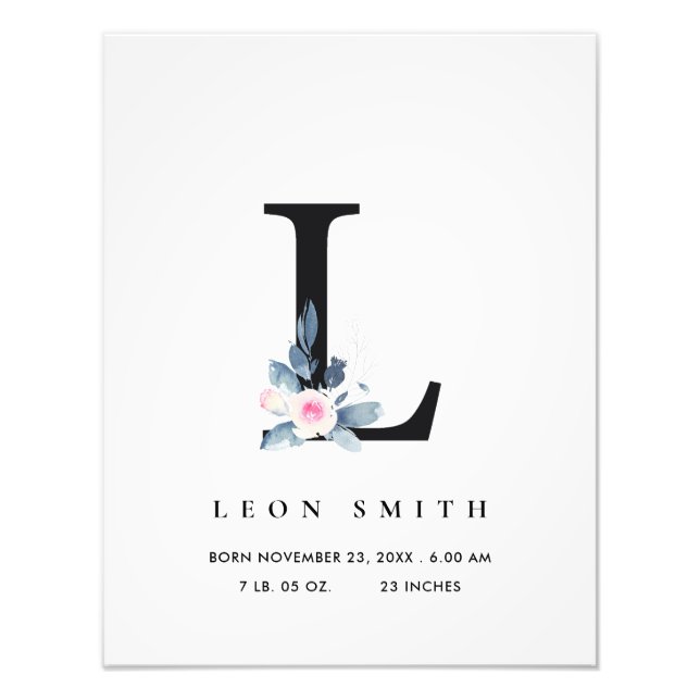 BLUSH BLUE FLORAL ALPHABET NAME L BABY GEBURTSTATT FOTODRUCK (Vorne)