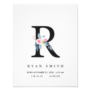 BLUSH BLUE FLORAL ALPHABET NAME R BABY GEBURTSTATT FOTODRUCK