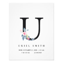 BLUSH BLUE FLORAL ALPHABET NAME U BABY GEBURTSTATT