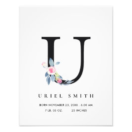 BLUSH BLUE FLORAL ALPHABET NAME U BABY GEBURTSTATT FOTODRUCK