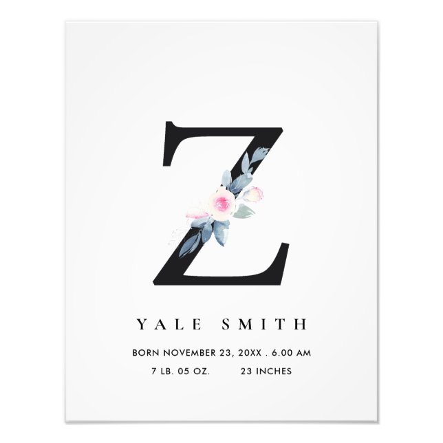 BLUSH BLUE FLORAL ALPHABET NAME Z BABY GEBURTSTATT FOTODRUCK (Vorne)