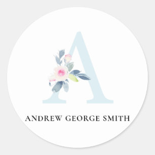 BLUSH BLUE FLORAL ALPHABETS NAME LETTER A RUNDER AUFKLEBER
