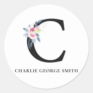 BLUSH BLUE FLORAL ALPHABETS NAME LETTER C RUNDER AUFKLEBER