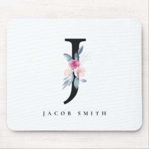BLUSH BLUE FLORAL ALPHABETS NAME LETTER J MOUSEPAD