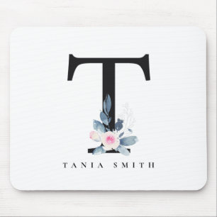 BLUSH BLUE FLORAL ALPHABETS NAME LETTER MOUSEPAD