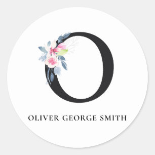 BLUSH BLUE FLORAL ALPHABETS NAME LETTER O RUNDER AUFKLEBER