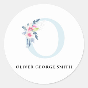 BLUSH BLUE FLORAL ALPHABETS NAME LETTER O RUNDER AUFKLEBER