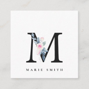 BLUSH BLUE FLORAL ALPHABETS NAME LETTER QUADRATISCHE VISITENKARTE