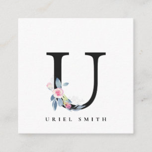 BLUSH BLUE FLORAL ALPHABETS NAME LETTER U QUADRATISCHE VISITENKARTE