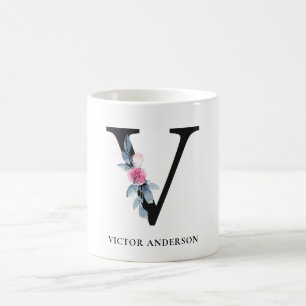 BLUSH BLUE FLORAL ALPHABETS NAME LETTER V KAFFEETASSE