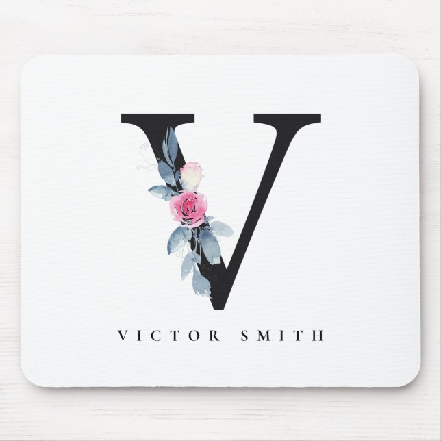BLUSH BLUE FLORAL ALPHABETS NAME LETTER V MOUSEPAD (Vorne)