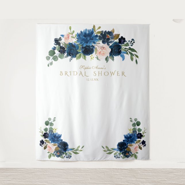 Blush Blue Floral Brautparty Foto Booth Prop Wandteppich (Vorderseite)