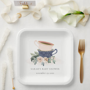 Blush Blue Floral gestapelte Teebeutel Babydusche Pappteller