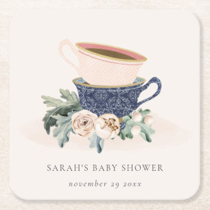 Blush Blue Floral gestapelte Teebeutel Babydusche Rechteckiger Pappuntersetzer
