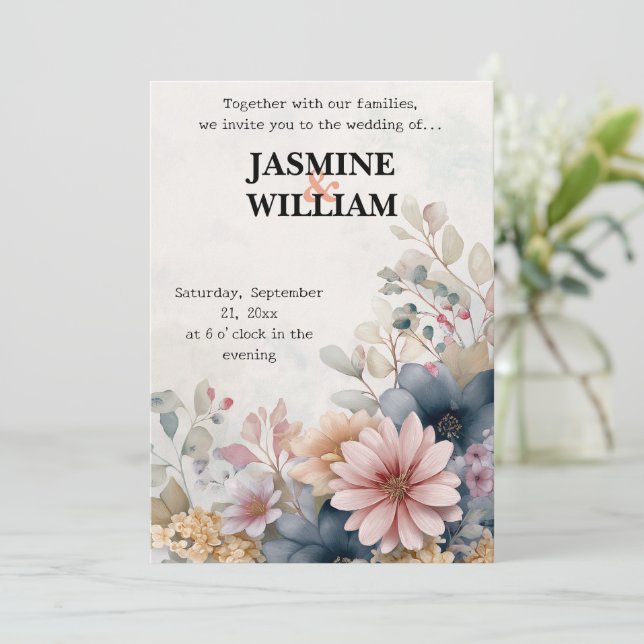 🌺 Blush & Blue Floral Hochzeit Einladung 💌 🌿 (Stehend Vorderseite)