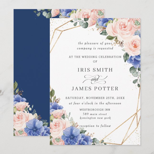 Blush & Blue Floral Rose Goldene geometrische Hoch Einladung (Vorne/Hinten)