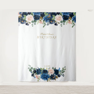 Blush Blue Flowers Birthday Foto Booth Prop Wandteppich