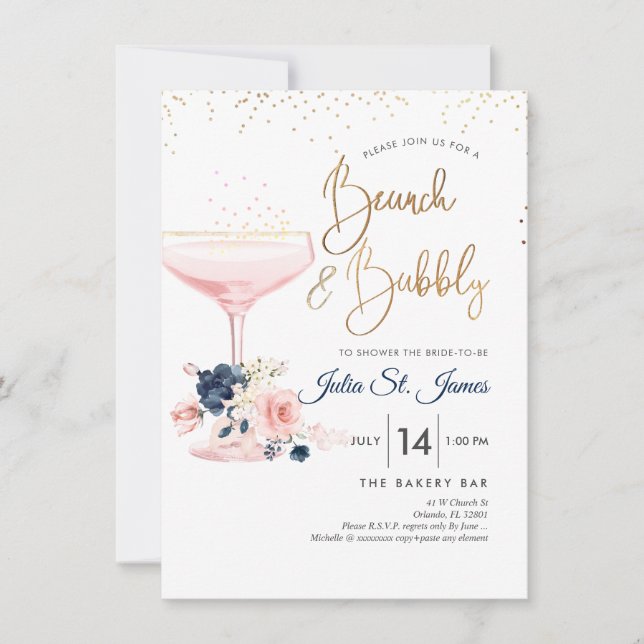 Blush+Blue Flowers Brunch Bubbly Pink Champagne Einladung (Vorderseite)