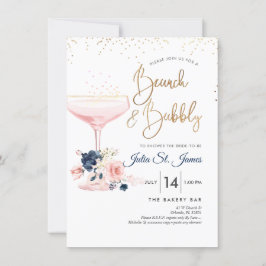Blush+Blue Flowers Brunch Bubbly Pink Champagne Einladung