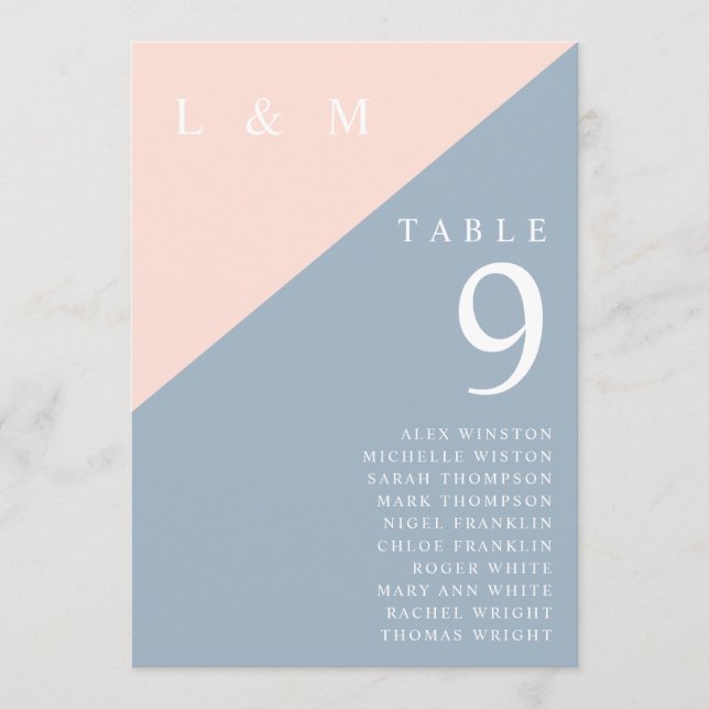Blush Blue Monogram Tischnummer Seekarte (Vorderseite)