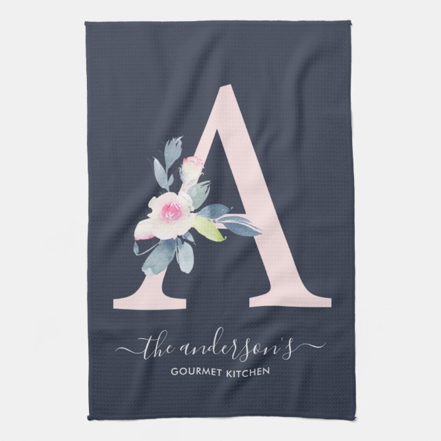 BLUSH BLUE NAVY FLORAL ALPHABETS SCHREIBEN A GESCHIRRTUCH (Vertikal)