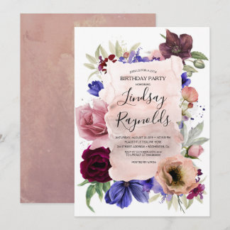 Blush Blue und Burgund Floral Geburtstagsparty Einladung