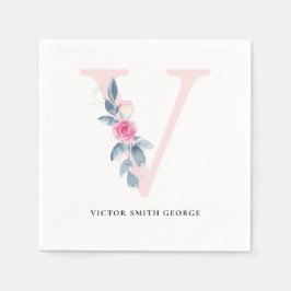 BLUSH BLUE WHUE BLLORAL ALPHABETS LETTER V SERVIETTE