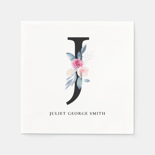 BLUSH BLUE WHUE BLLORAL ALPHABETS SCHREIBEN J SERVIETTE (Vorderseite)