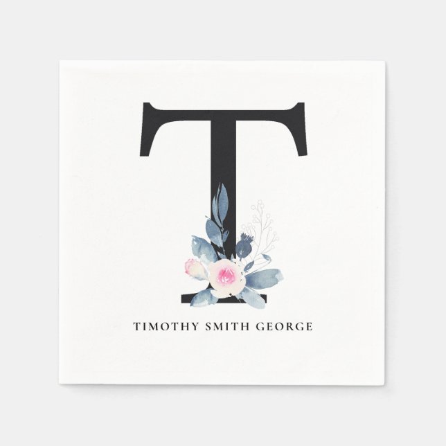 BLUSH BLUE WHUE BLLORAL ALPHABETS SCHREIBEN SERVIETTE (Vorderseite)